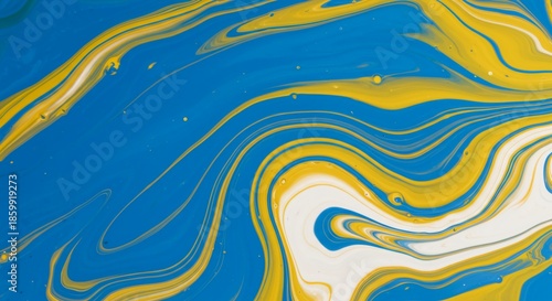 Dynamic fluid paint mixing background, featuring swirling curves of blue, yellow, and white liquid abstract art texture, wallpaper, blue, contemporary