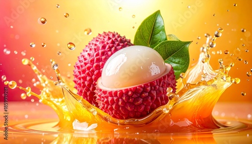 Vibrant lychee fruit splashing into refreshing liquid, capturing dynamic motion and bright colors