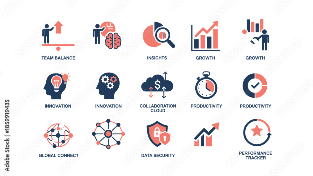 Fototapeta premium Collection of Business and Technology Icons Representing Growth and Innovation.