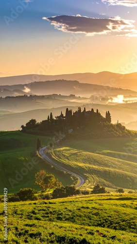 Tuscan countryside at dawn with winding road leading to a distant hilltop farm under a hazy, light-filled sky