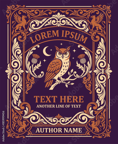 Mystical Vintage Owl and Griffin Night Frame Illustration