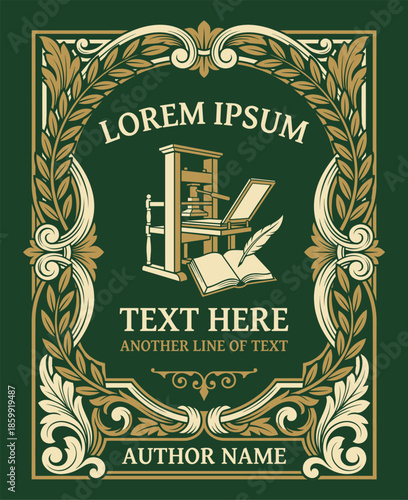 Vintage Printing Press and Open Book Frame Illustration