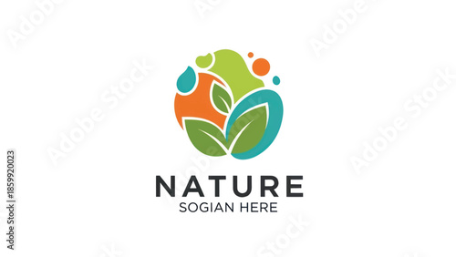 Colorful nature logo featuring leaves, circle emblem with sun and greenery.