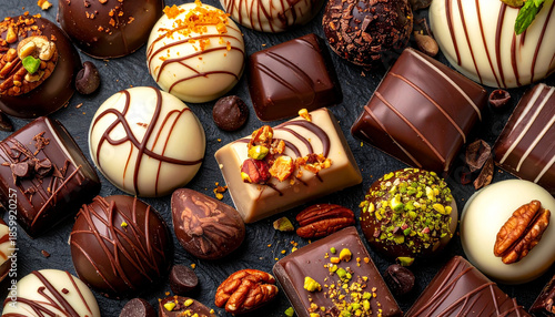An assortment of gourmet chocolates with various toppings and designs, including dark, milk, and white chocolate pralines.