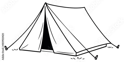 Hand drawn line art illustration of a camping tent depicting an outdoor shelter for adventure travel