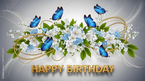 Elegant golden lettering spells out happy birthday surrounded by vibrant blue butterflies and delicate white and light blue floral arrangements for a festive greeting card