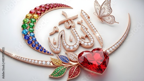 Exquisite three dimensional rendering of the Arabic calligraphy for Allah adorned with brilliant diamonds and vibrant gemstones creating a symbol of faith and beauty