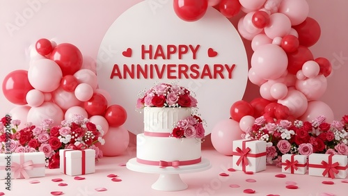 Elegant tiered white anniversary cake centerpiece surrounded by vibrant red and pink roses balloons and gifts creates a romantic celebration scene