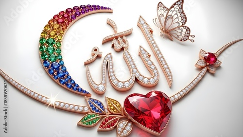Exquisite diamond encrusted arabic calligraphy of the word Allah surrounded by vibrant gemstones a heart and an elegant butterfly accent