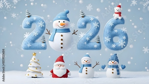 Charming three dimensional rendering of the year 2026 celebrated with festive snowmen Santa Claus and winter decorations against a soft blue background