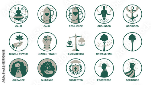 Collection of Circular Icons Representing Abstract Concepts and Human Qualities.