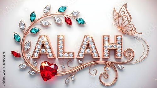 Exquisite rose gold jeweled letters spelling alah are elegantly framed by sparkling gemstones and a delicate butterfly design