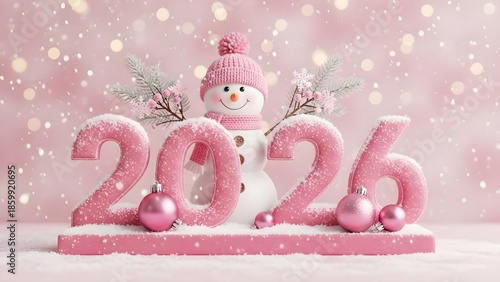 Cute pink snowman celebrates the arrival of the new year 2026 surrounded by falling snow and glittering holiday ornaments in a soft pastel scene