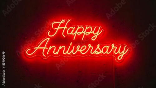 Bright red neon sign displaying a glowing cursive message that cheerfully wishes everyone a happy anniversary celebration against a dark background
