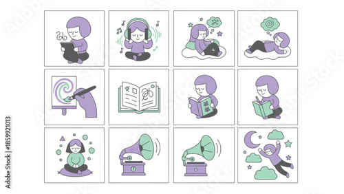 Collection of cute doodle illustrations depicting various activities and emotions.