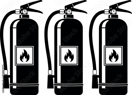 Fire extinguisher icon set showing safety equipment emergency fire protection prevention symbols black white vector illustration collection