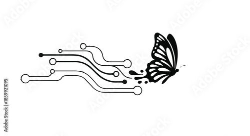 Digital butterfly emerging from circuit board, symbolizing transformation and innovation.