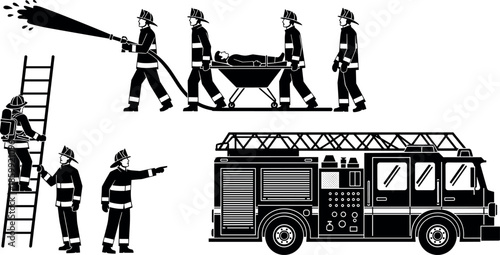 Firefighter emergency rescue icon set showing fire truck ladder teamwork water hose paramedics safety response black vector silhouettes