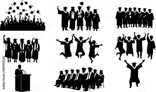 Graduation celebration silhouettes with caps, diplomas, podium speech, joyful students and academic ceremony scenes - flavector
