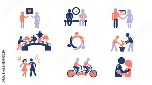Collection of diverse couple relationship and social interaction icons.