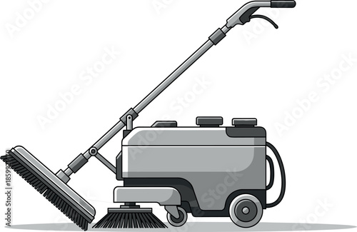 Industrial walk-behind floor cleaning machine with handle, wheels, motor and scrubber brush system - flavector