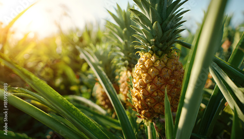 pineapple field at sunrise with ripe fruit growing on green leaves in a tropical farm, captured in the early morning light to show farmers cultivating fresh organic produce in rural countryside