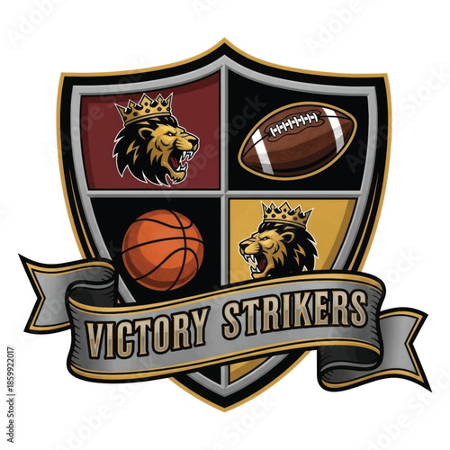 Crested Victory Strikers emblem featuring lions, banners, and multi-sport imagery.