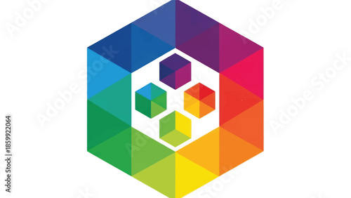 Vibrant multicolored geometric hexagon mosaic with interlocking shapes and facets.