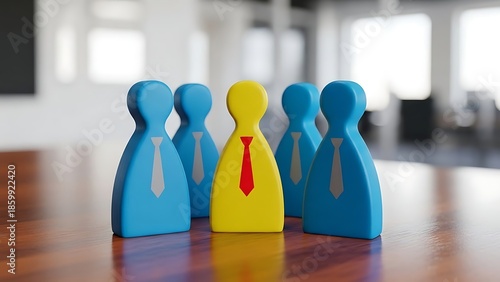 Four blue and one yellow game pieces with ties on a wooden table in an office setting with blurred background