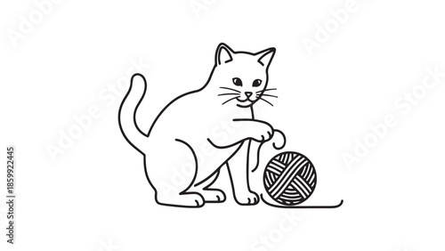 Black and white line art illustration of a playful cat with a ball of yarn.