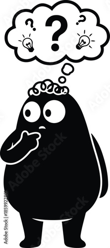 Vector illustration of a cute black silhouette monster standing with a hand on its chin, looking confused with a thought bubble containing a question mark and light bulbs.