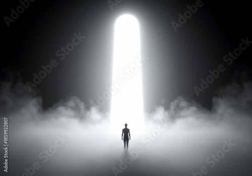 Ethereal fog surrounding a rising column of pure white light, representing the journey toward ultimate metaphysical understanding, hope, beyond, existence