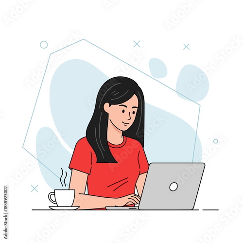 Hand drawn vector illustration of young woman working on laptop computer with coffee cup for remote work concept