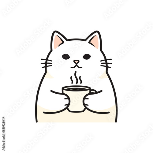 Cute hand drawn vector illustration of happy white cat holding steaming coffee cup for morning relaxation concept