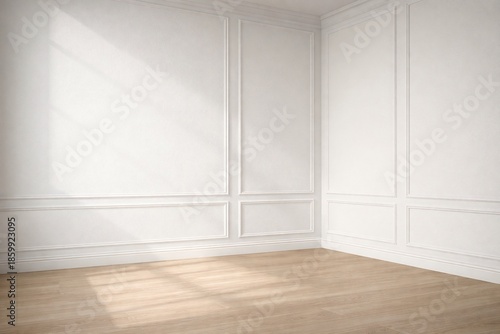 White Paneled Room Corner with Soft Window Light and Wooden Floor