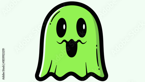Cartoon Green Ghost with Black Outline and Facial Features.