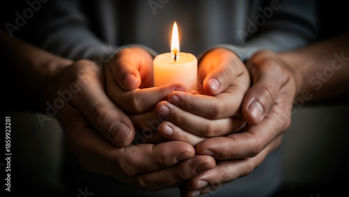 Child and adult hands holding candle symbolizing shared memory and protection
