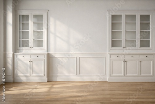 Empty White Paneled Room with Built-In Cabinets and Window Light