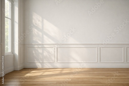 Empty White Paneled Room with Window Shadow and Wooden Floor