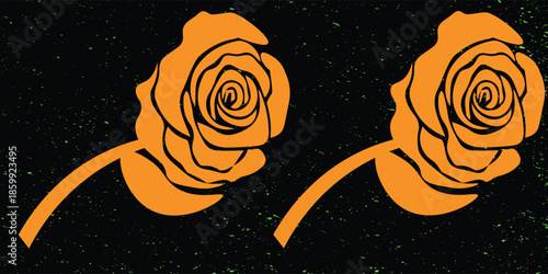 Vibrant orange rose motifs displayed in a pair against a speckled black backdrop, ideal for floral art, graphic design, branding, and decorative projects needing bold color and modern contrast.