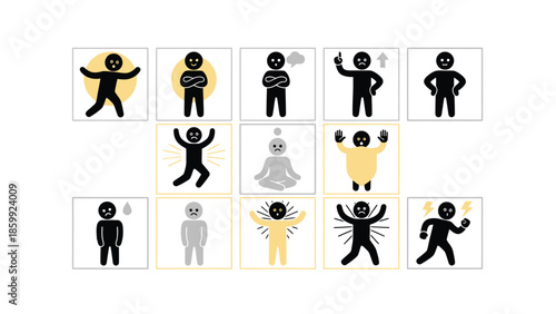 Collection of diverse stick figure emotions and actions depicted.