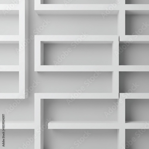 A repeating sequence of identical, empty white frames creates an abstract, rhythmic pattern fading into infinity, symbolizing potential, conceptual, wallpaper, white