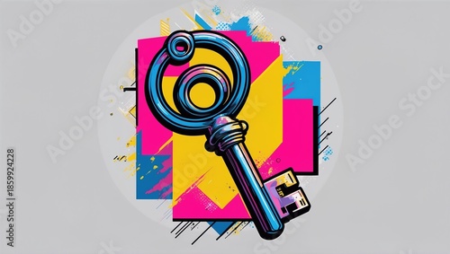Vibrant key illustration in front of colorful abstract shapes featuring pink, yellow, and blue