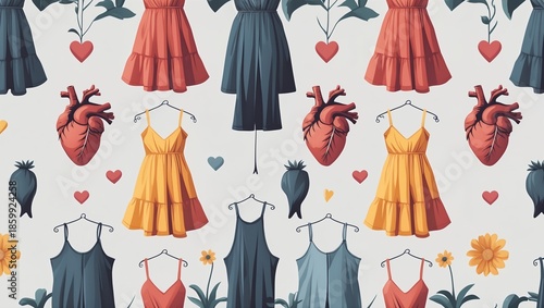A vibrant pattern featuring dresses and hearts on a light background, evoking creativity and style