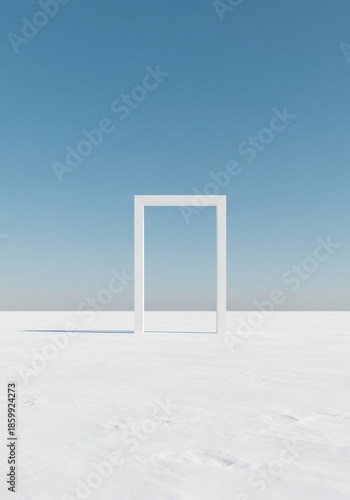 A vast, empty, featureless white expanse under a strange sky. An impossible portal or doorway floats in the middle, offering no clear path or exit, blank, bizarre, void