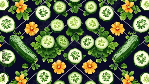 A vibrant patterned background featuring fresh cucumbers, leafy greens, and yellow flowers on a dark backdrop