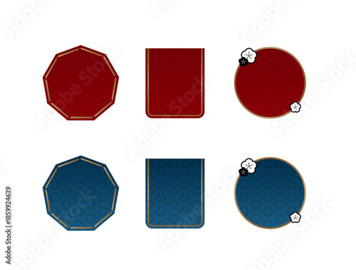 ボルドーレッド（深紅/臙脂色）とミッドナイトブルー（濃紺/鉄紺色）の2色展開。 背景には日本の伝統文様である亀甲花菱（きっこうはなびし）の透かしパターンが入っている。 形状は左から「ゴールド枠の八角形」、中央が「下部がカットされたリボン形状の長方形」、右が「梅の花の飾りがついた円形」の3種