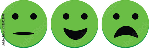 A row of three green emoji faces showing neutral, happy, and sad expressions on a white background.