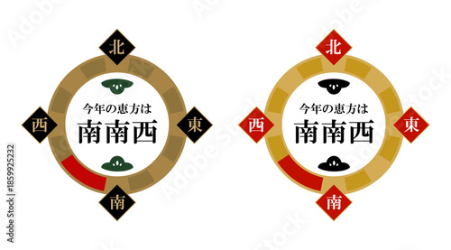 アンティークゴールドとクリムゾンレッドの2配色、「今年の恵方は南南西」のテキストと松の装飾が入った節分用コンパス・方位盤イラスト｜円形のリングフレームの四方（上下左右）には、「北」「南」「東」「西」の漢字一文字が入った菱形（ひし形）の飾りが付いた、節分イベント専用の方位コンパスデザイン