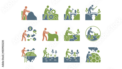 Collection of Icons Depicting Sustainable Practices and Recycling Efforts.